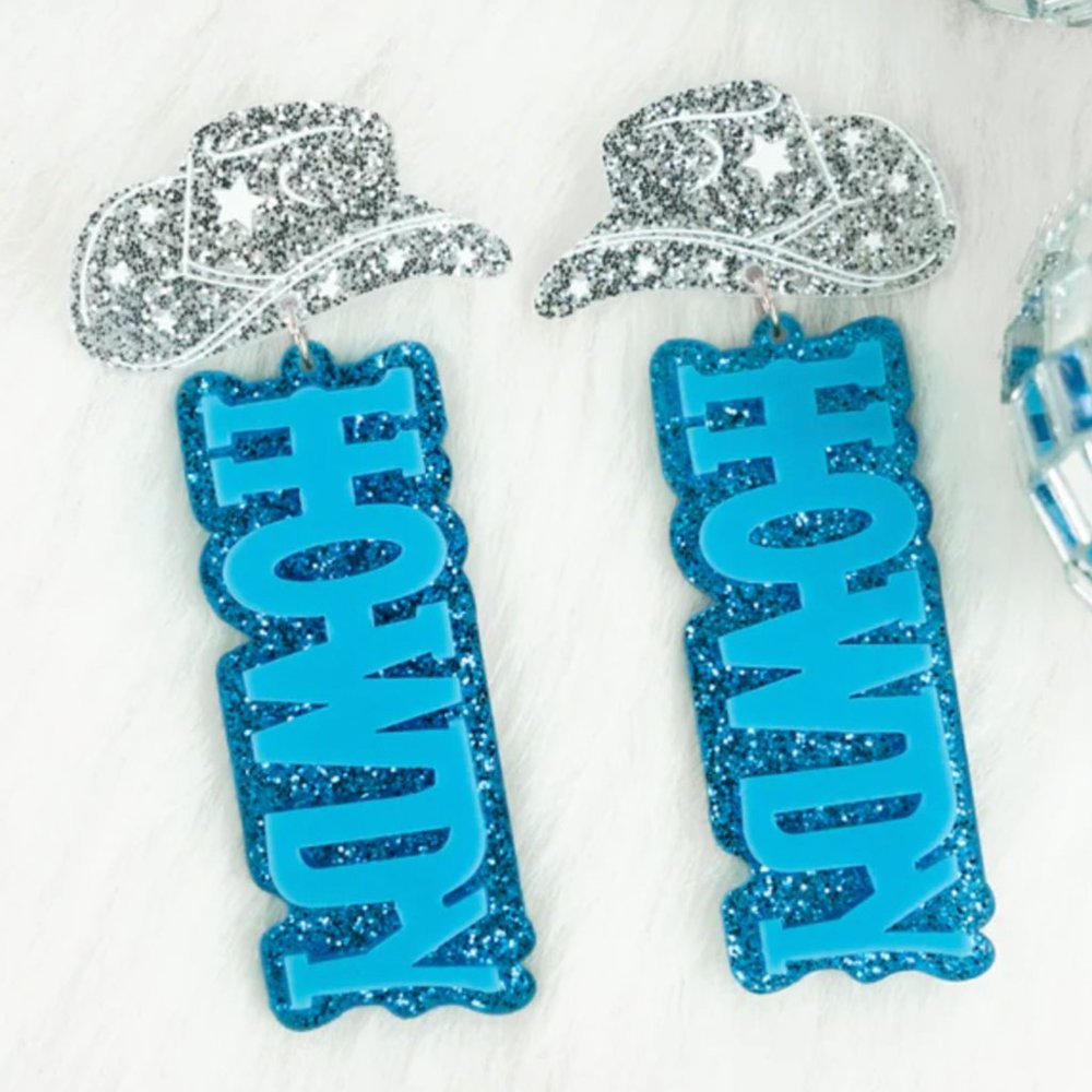 Blue Howdy Cowgirl Hat Earrings